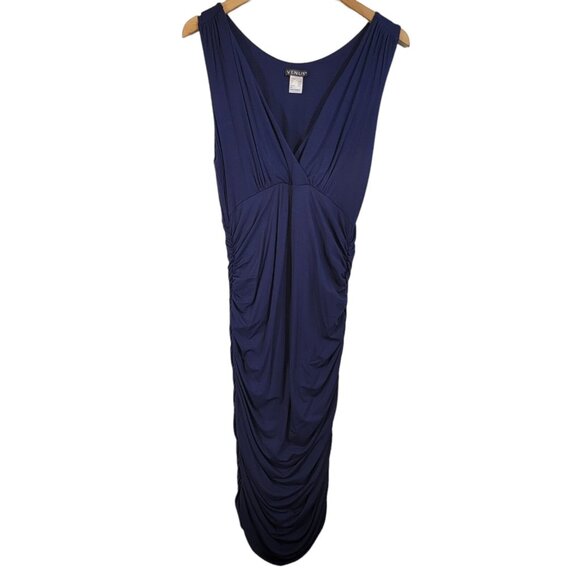Venus‎ Dress Sexy Navy Blue V Neck Sleeveless Stretch Ruched Sides Size L - Picture 1 of 8